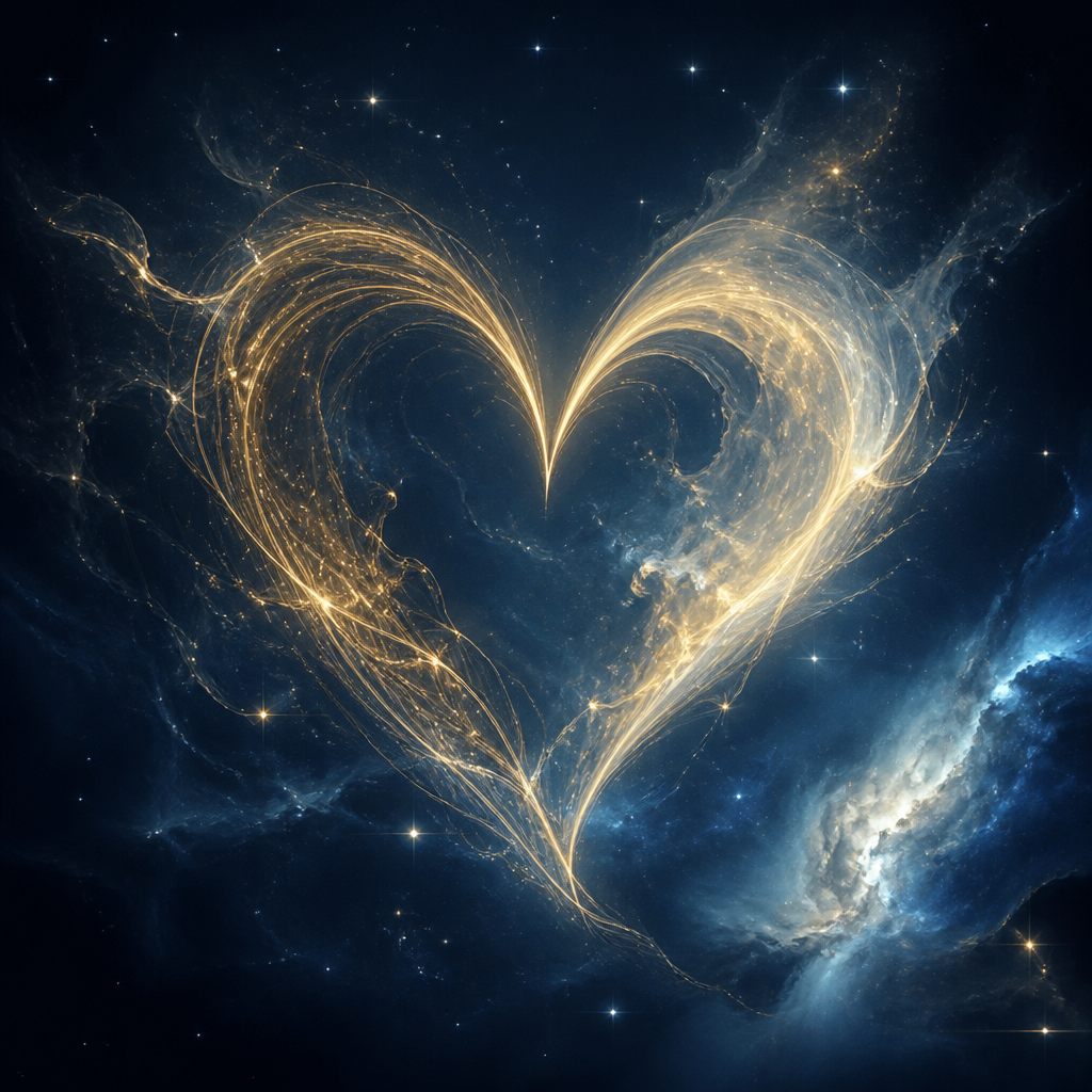 An ethereal cosmic heart of flowing golden light, open and unfinished, against a deep midnight sky