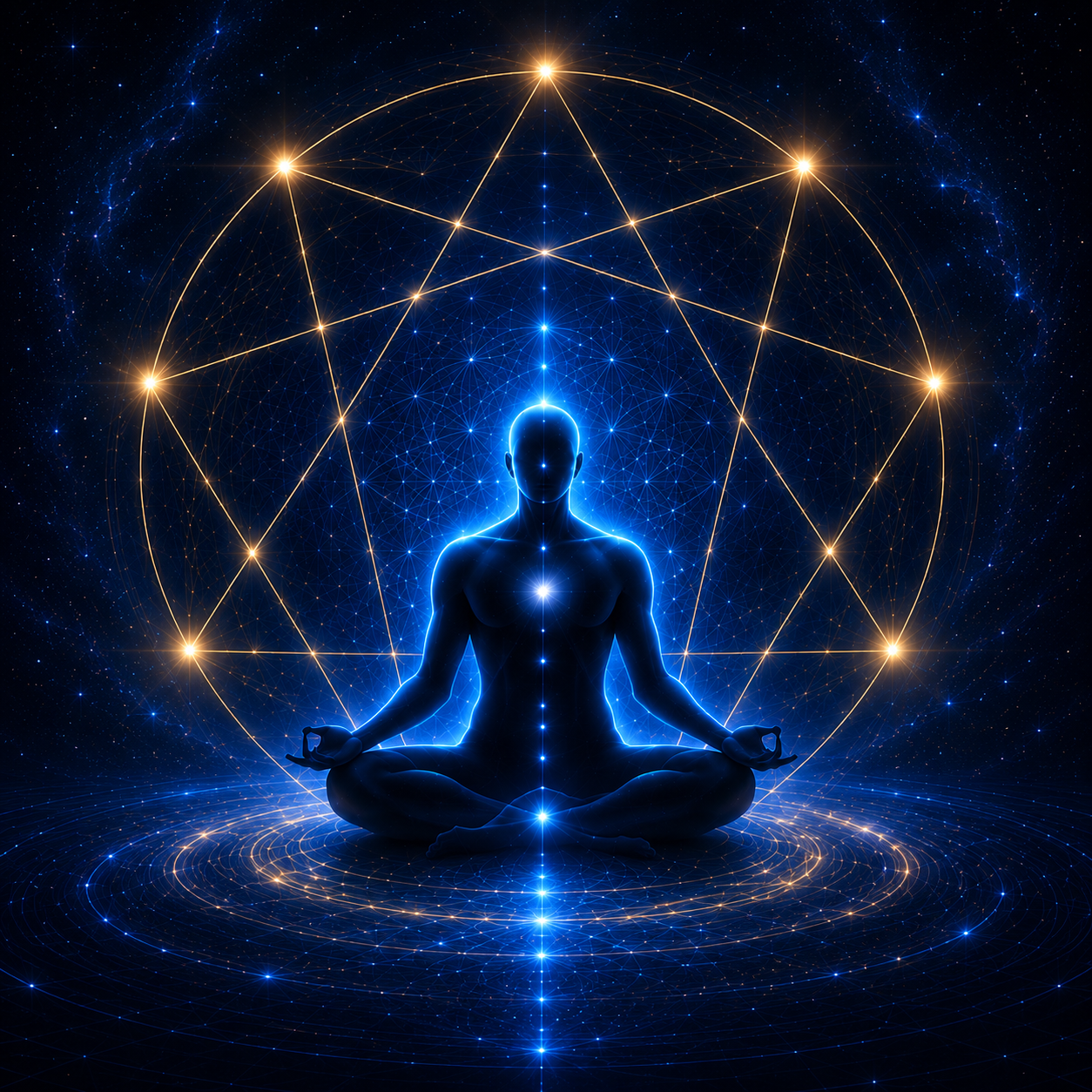 Silhouette of a meditating figure inside a golden enneagram, surrounded by starlight